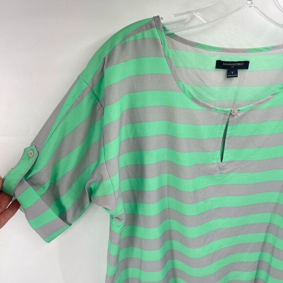 Banana Republic Womens Blouse Top Striped Roll Tab Sleeve Small Green Gray - Picture 4 of 13